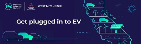 Get plugged in to EV - California Clean Fuel Reward logo - eco concept image - cars, house with solar panels, windmills, trees, water and sun